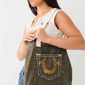 True Religion Olive Green Tote Bag with Gold Embroidery NWT